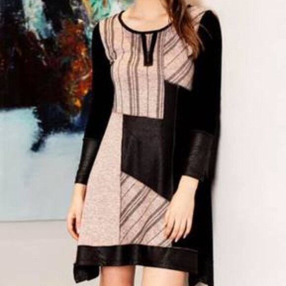 ARTEX Faux Leather Trimmed Pink & Black Tunic Dress Canadian Made Size Med NWT - Picture 3 of 12